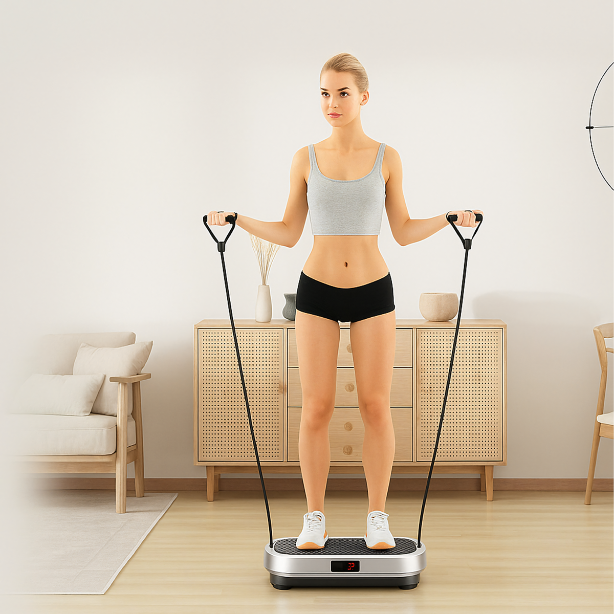Vibrējoša treniņu un masāžas platforma ar tālvadības pulti un lentēm 150 kg