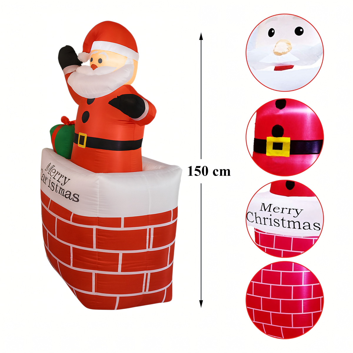Piepūšams Ziemassvētku vecītis skurstenī ar LED apgaismojumu 150 cm