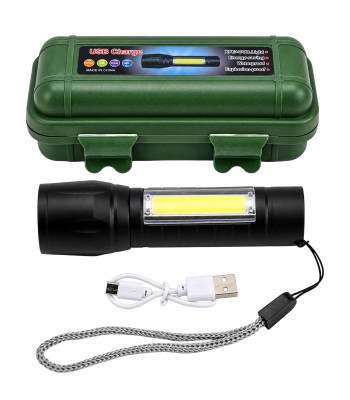 Taktiskais LED COB USB uzlādējamais militārais lukturītis ar futrāli un tālummaiņu