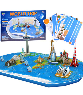 3D telpiskā puzle Zeme – pasaules karte ar slavenām celtnēm ZA1581, 65,4cm x 40,6cm x 24,7cm