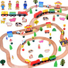 Liela koka vilciena komplekts ar bateriju lokomotīvi, figūriņām, 80 elementi