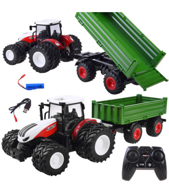 Tālvadības lielais sarkanais traktors ar piekabi un gaismām RC0602