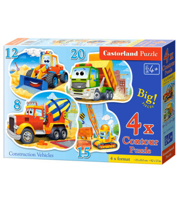 Puzles 4 vienā Construction Vehicles, 8, 12, 15 un 20 elementi, 28 × 19,5 cm