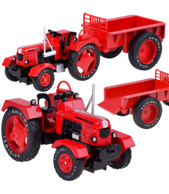 Sarkans metāla traktors ar piekabi, grozāmiem gumijas riteņiem ZA5202 1:18