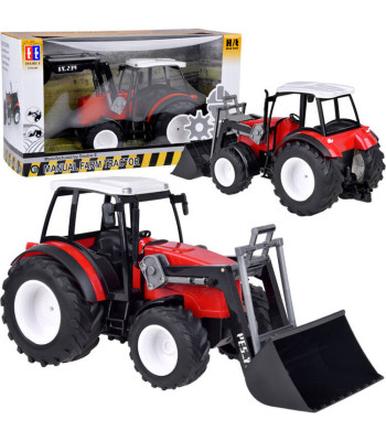 Liels sarkans traktors ar kustīgu strēli un lieliem riteņiem RC0666