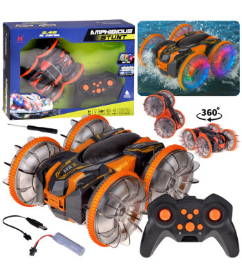 Tālvadības amfībijas kaskadieru auto AMFIBIA 2w1 Stunt, brauc, peld, spīd RC0735