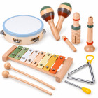 Koka mūzikas instrumentu komplekts: ksilofons, tamburīns, trijstūris, 6 elementi IN0191
