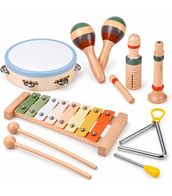 Koka mūzikas instrumentu komplekts: ksilofons, tamburīns, trijstūris, 6 elementi IN0191