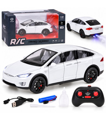 Tālvadības metāla automašīna ar LED apgaismojumu un dūmu efektu, balta – Tesla Model X RC0772, 1:22