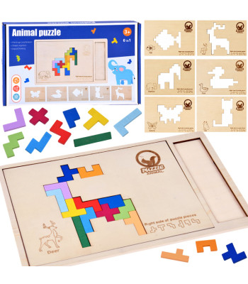 Koka loģiskā puzle ar 6 dzīvniekiem un pikseļu klucīšiem, TETRIS, ZA6244