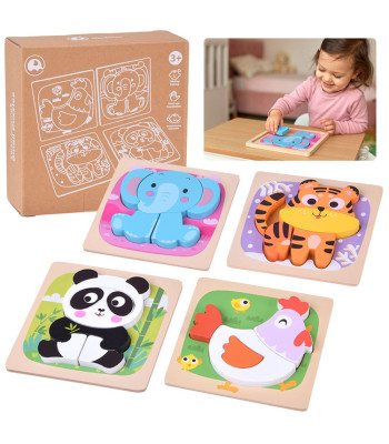 Koka puzles bērniem — 4 dzīvnieku puzles: panda, zilonis, vista, tīģeris, ZA6259
