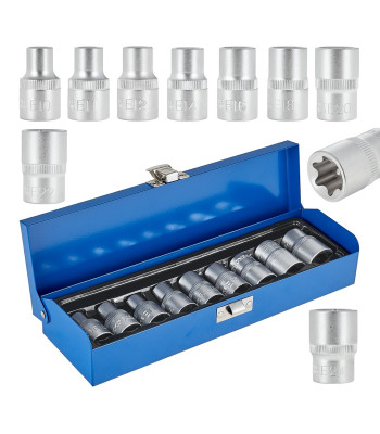 TORX galviņu komplekts GEKO, 9 gab., metāla koferis, E10–E24, 1/2