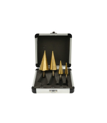 Konisko urbju komplekts HSS TiN, 4 gab., alumīnija kārba, 4–12 mm, 4–20 mm, 4–32 mm, 4–39 mm