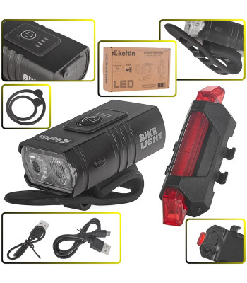 Ūdensizturīgs velosipēda lukturu komplekts USB IPX4 – priekšējais + aizmugurējais (800lm/900mAh + 120lm/120mAh)