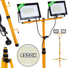 LED prožektors ar teleskopisku celtniecības statīvu un kabeli, neitrāli balta gaisma 2x100W 4500K