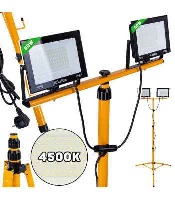 LED prožektors ar teleskopisku celtniecības statīvu un kabeli, neitrāli balta gaisma 2x50W 4500K