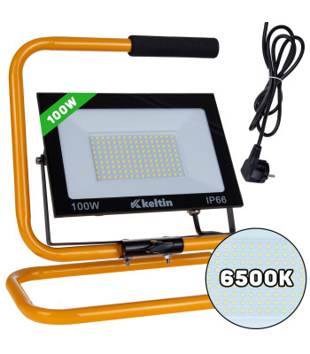 LED prožektors SMD ar būvniecības statīvu un kabeli, auksti balta gaisma 6500K, 100W