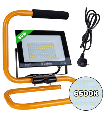LED SMD prožektors ar celtniecības statīvu un kabeli, auksti balta gaisma 50W 6500K