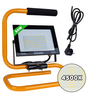 LED prožektors ar būvniecības statīvu un kabeli, neitrāli balta gaisma 50W 4500K