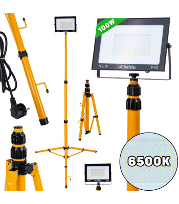 LED prožektors ar teleskopisku celtniecības statīvu un kabeli, auksti balta gaisma, 100W, 6500K