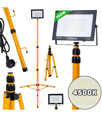 LED prožektors ar teleskopisku būvniecības statīvu un kabeli, neitrāla balta gaisma 100W 4500K