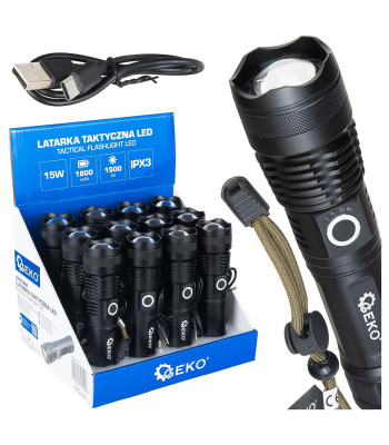 Taktiskais LED lukturis GEKO – ekspozīcijas kartona iepakojums (12/48), XHP50 15W 1800mAh 1500lm IPX3