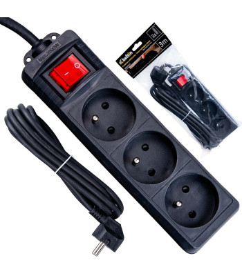 Elektriskais pagarinātājs – melna strāvas sadalne ar 3 kontaktligzdām, 3 m