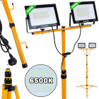 LED prožektors ar teleskopisku celtniecības statīvu un kabeli, auksti balta gaisma 6500K, 2x100W