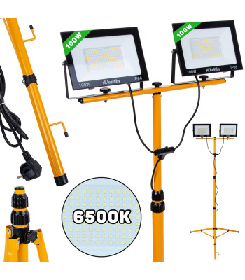 LED prožektors ar teleskopisku celtniecības statīvu un kabeli, auksti balta gaisma 6500K, 2x100W