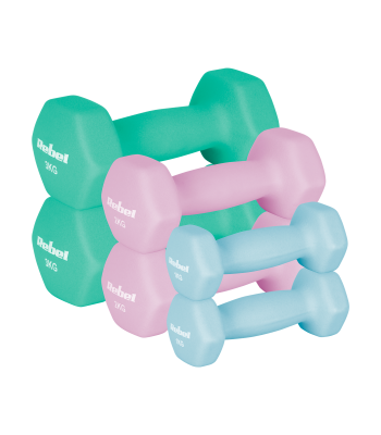 Čuguna hanteles ar neoprēna pārklājumu REBEL ACTIVE HEX 12kg (2x1kg+2x2kg+2x3kg)