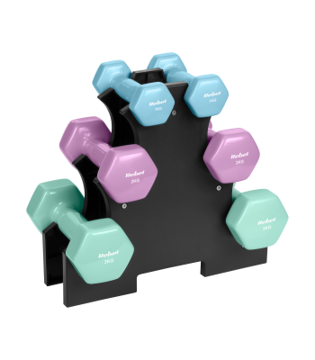 Čuguna vinila HEX hantelīšu komplekts ar statīvu REBEL ACTIVE, 12 kg (2 × 1 kg + 2 × 2 kg + 2 × 3 kg)