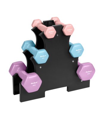 Vinila čuguna HEX hanteles ar statīvu, komplekts REBEL ACTIVE, 7 kg (2x0.5kg+2x1kg+2x2kg)