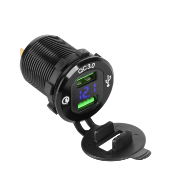 Automašīnas lādētājs ar 2 USB pieslēgvietām, Quick Charge funkciju un sprieguma mērītāju