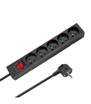 Pagarinātājs ar 5 franču tipa kontaktligzdām un slēdzi Rebel, melns, 1,5 m (3x1,0 mm2)