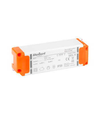 REBEL barošanas bloks LED diodīšu virtenēm 12V 2,5A, 30 W max. (YSL36-1202500), 133 x 42 x 30 mm