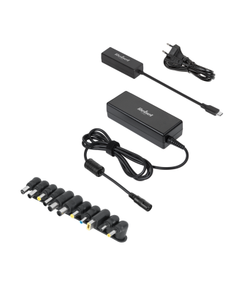 Universāls barošanas bloks Rebel ar Power Delivery funkciju, automātisku sprieguma izvēli un 12 uzgaļiem, 90 W, 15–20 V