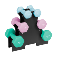 Čuguna hanteles ar neoprēna pārklājumu un statīvu, REBEL ACTIVE, 12 kg (2 × 1 kg + 2 × 2 kg + 2 × 3 kg)