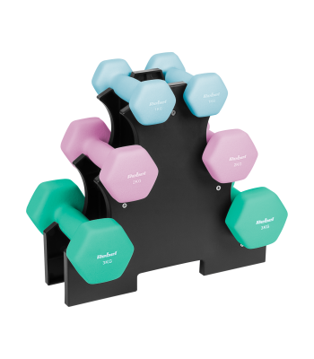Čuguna hanteles ar neoprēna pārklājumu un statīvu, REBEL ACTIVE, 12 kg (2 × 1 kg + 2 × 2 kg + 2 × 3 kg)