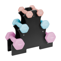 Čuguna hanteles ar neoprena pārklājumu HEX ar statīvu, REBEL ACTIVE, 7 kg (2 × 0,5 kg + 2 × 1 kg + 2 × 2 kg)