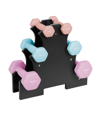 Čuguna hanteles ar neoprena pārklājumu HEX ar statīvu, REBEL ACTIVE, 7 kg (2 × 0,5 kg + 2 × 1 kg + 2 × 2 kg)