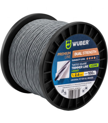 Pastiprināta trimmera aukla WUBER ar vītu kvadrātveida profilu un +CORE serdi W00607, 2.4 mm, 100 m