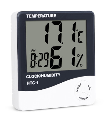 Elektroniskais LCD termometrs ar mitruma mērītāju, pulksteni, datumu un modinātāju, 9,7 × 10 × 2 cm