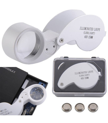 Salokāma kabatas juvelieru lupa ar 2 LED — 40x, 25mm