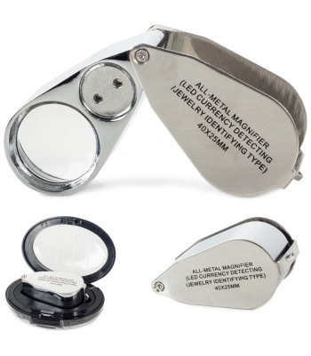 Salokāma alumīnija juvelierlupa ar 2 LED un UV apgaismojumu, 40x, 25mm