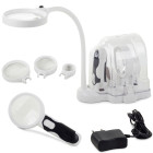 Galda lupa 2 vienā ar LED apgaismojumu, maināmām lēcām un rokas lupu – 2,5x 90mm, 5x 75mm, 16x 37mm