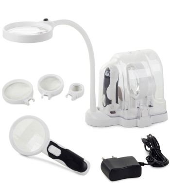 Galda lupa 2 vienā ar LED apgaismojumu, maināmām lēcām un rokas lupu – 2,5x 90mm, 5x 75mm, 16x 37mm