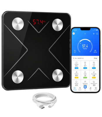Analītiskie vannas istabas svari ar Bluetooth, stikla platformu, LCD un USB uzlādi, 180 kg, 28 × 28 cm