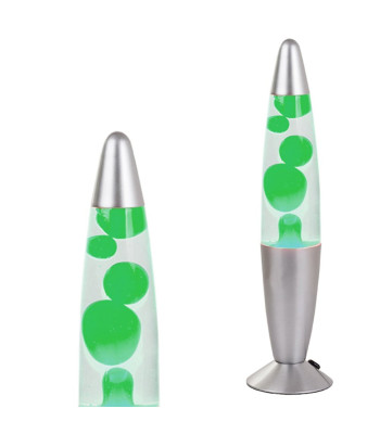 Lavas lampa ar šķidro vasku, sudraba krāsā ar zaļu vasku, 34,5 cm