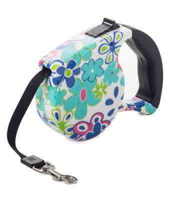 Automātiskā suņu lentes pavada ar bloķēšanas funkciju, balta ar ziediem, 5m, 15kg