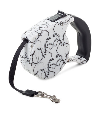 Automātiskā suņu lentes pavada ar bloķēšanas funkciju, balta ar liliju rakstu, 5m, 15kg